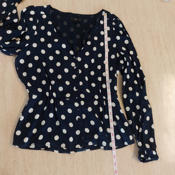 J. Crew Polka Dot Dark Navy Blue Long Sleeve Peplum Button Down Blouse - Picture 8 of 11